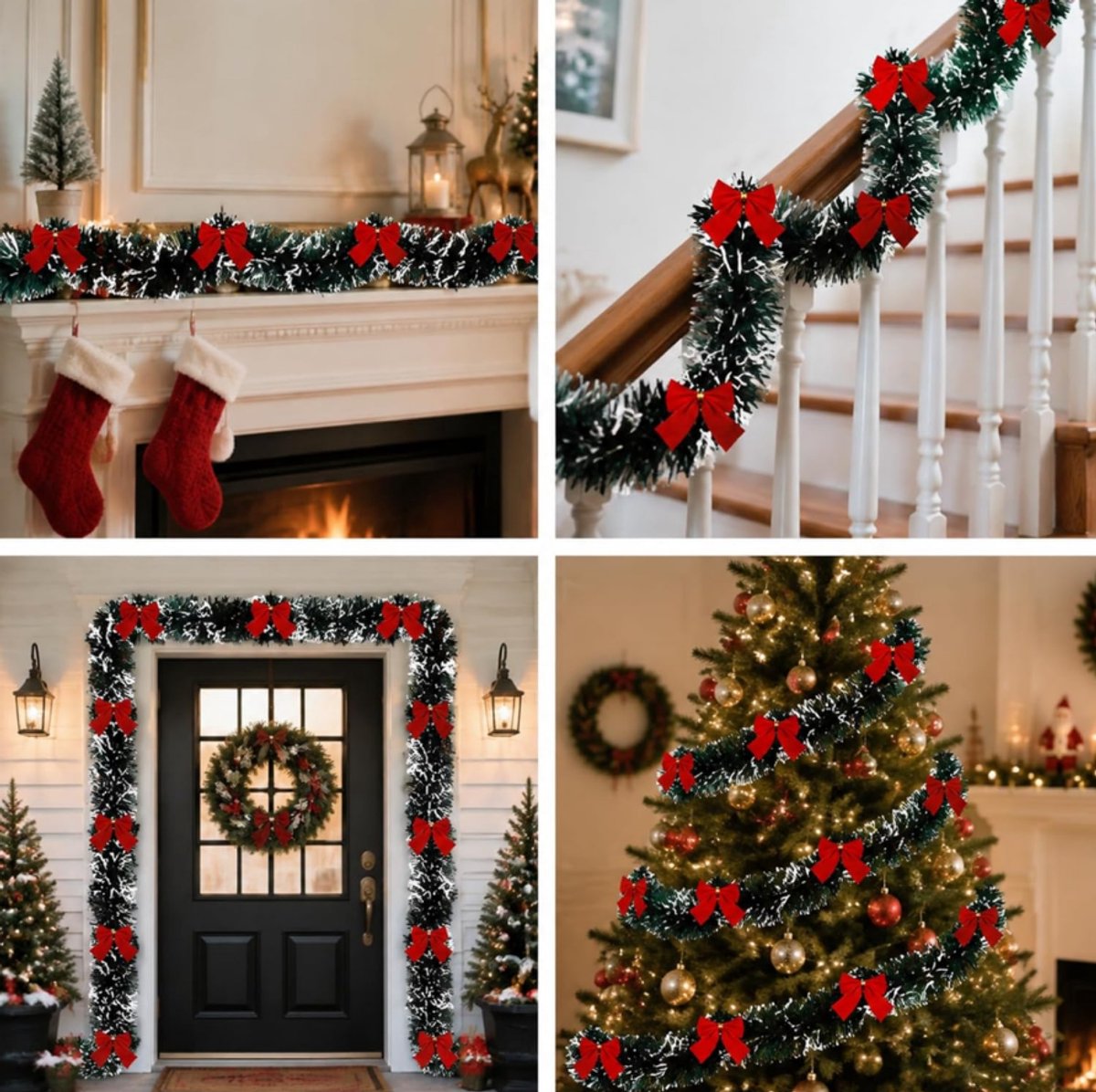 Kerstslinger met Rode Strikken - 200 cm Kerst Tinsel Slinger - Decoratieve Kerst藤条 voor Kerstboom, Trap, Deur & Huis
