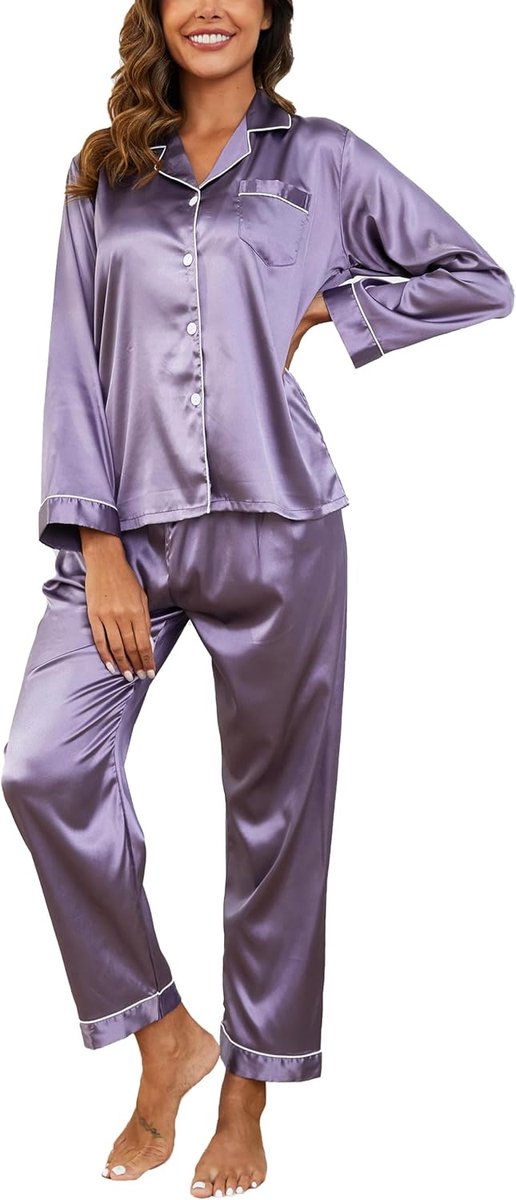 Damespyjama van zijde, 2-delige satijnen pyjama's met lange mouwen en knopen en bijpassende broek, lichte en ademende nachtkleding voor dames voor thuis