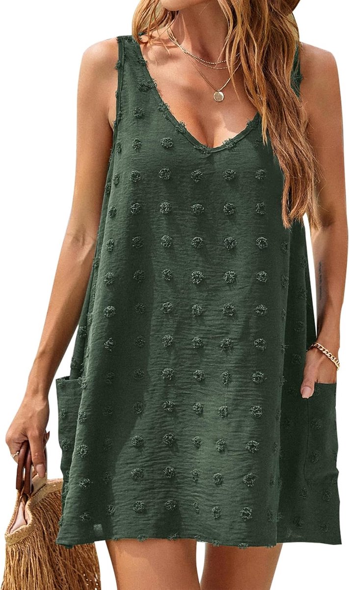 Zomerjurk voor dames, Swiss polka dots, strandbedekking, V-hals, tankjurk met zakken