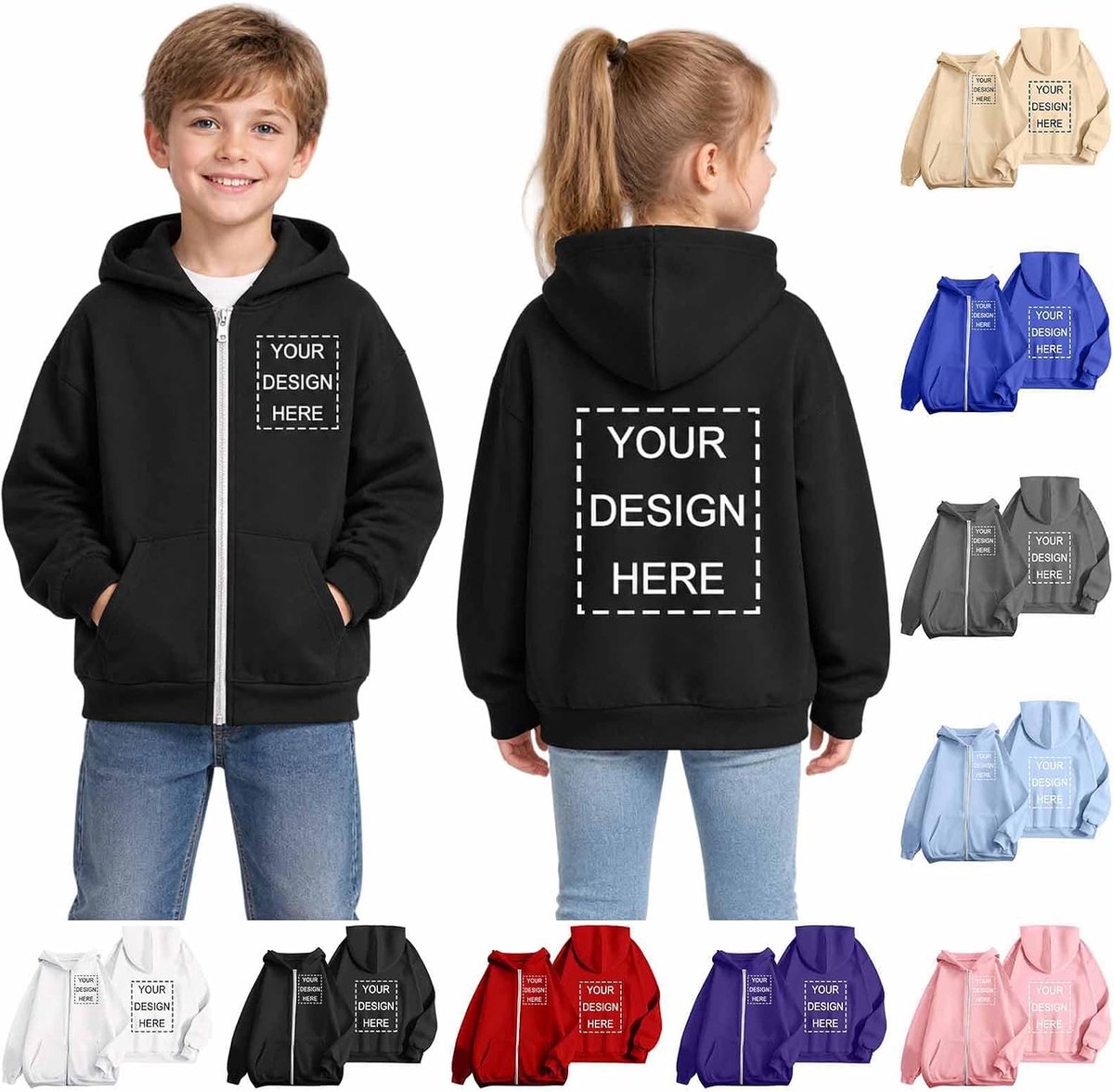Personalisierte Sweatjacke Kinder - Zipper Hoodie Selbst Gestalten, Pullover Bedrucken Lassen mit Foto Text Logo auf Vorder und Rückseite, Custom Herbst Winter Kapuzenjacke für Mädchen Jungen