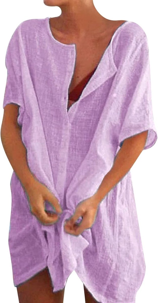 Damen Strandkleid Button Down Hemd Bikini Cover Up Weiß Leinen Optik Tunika Sommerkleid Kurz Oversize Strandbluse V-Ausschnitt Shirtkleid Lose Badeanzug Überwurf für Strand Urlaub