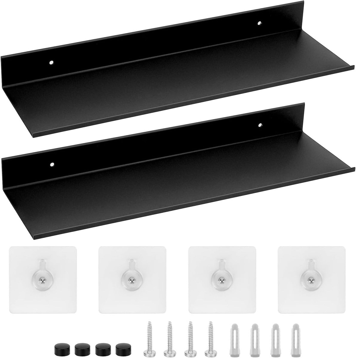 Set van 2 Zwarte Wandplanken van 40 cm - Metalen Planken met Zelfklevende Schroeven voor Slaapkamer, Woonkamer en Kantoor Decoratie