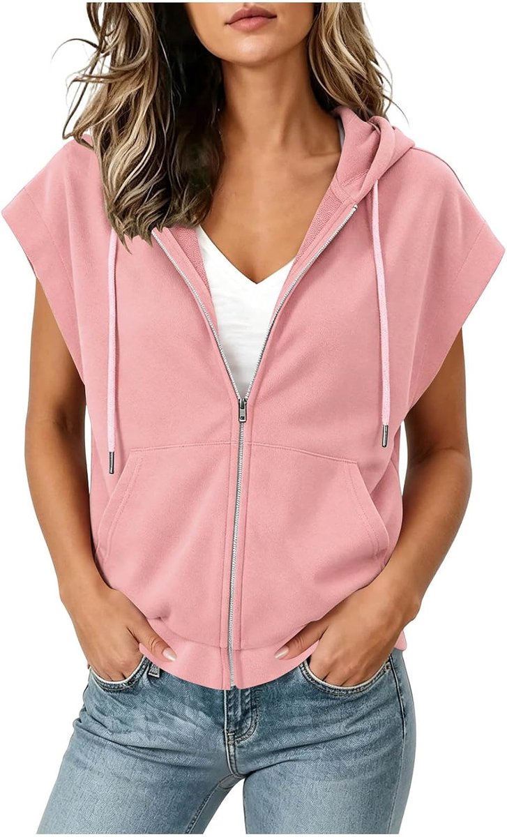 Generisch Sweatshirt Kurzarm Damen,Drawstring Hoodie Damen Dünne Trendiges Loose Fit Kurzarmpullover Mit Kapuze Und Zipper Herbst Lässiges Streetwear Deutschland Sport Hoodie