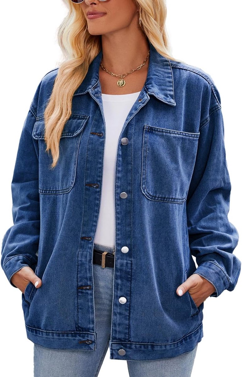 Retro casual denim jas oversized knoop top lange mouwen losse revers gewassen denim shacket mantel mantel