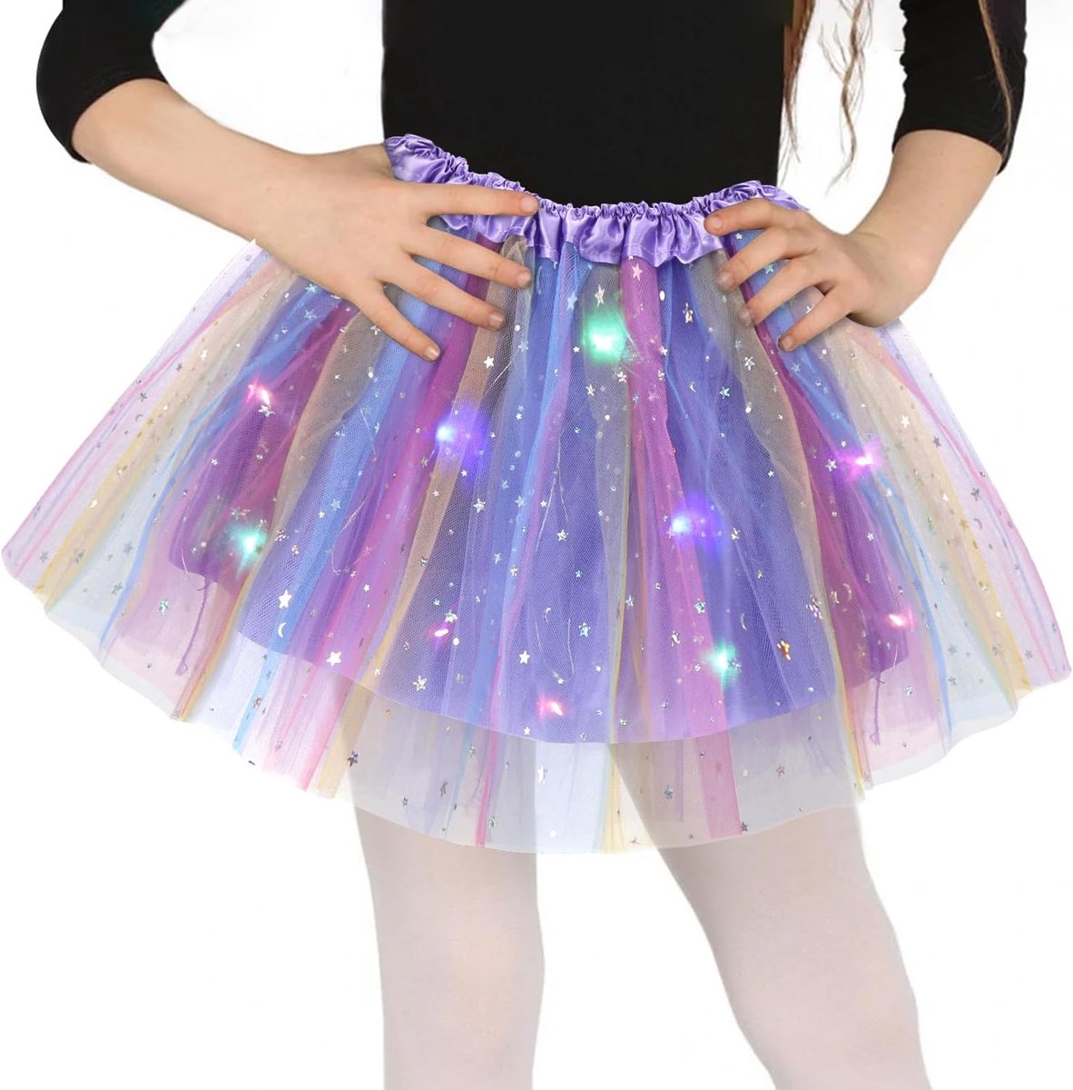 Rok voor meisjes, dansjurk met pailletten, sterren, 30 cm, elastische minirok met ledverlichting, tutu-rok voor carnaval, Halloween, balletjurk voor meisjes van 3 tot 8 jaar