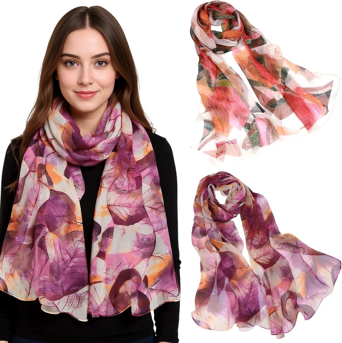Sjaals voor dames, 2 lichte Georgette-sjaals van chiffon, met paarse en gele bloemenblaadprint, voor lente, herfst, winter en zomer