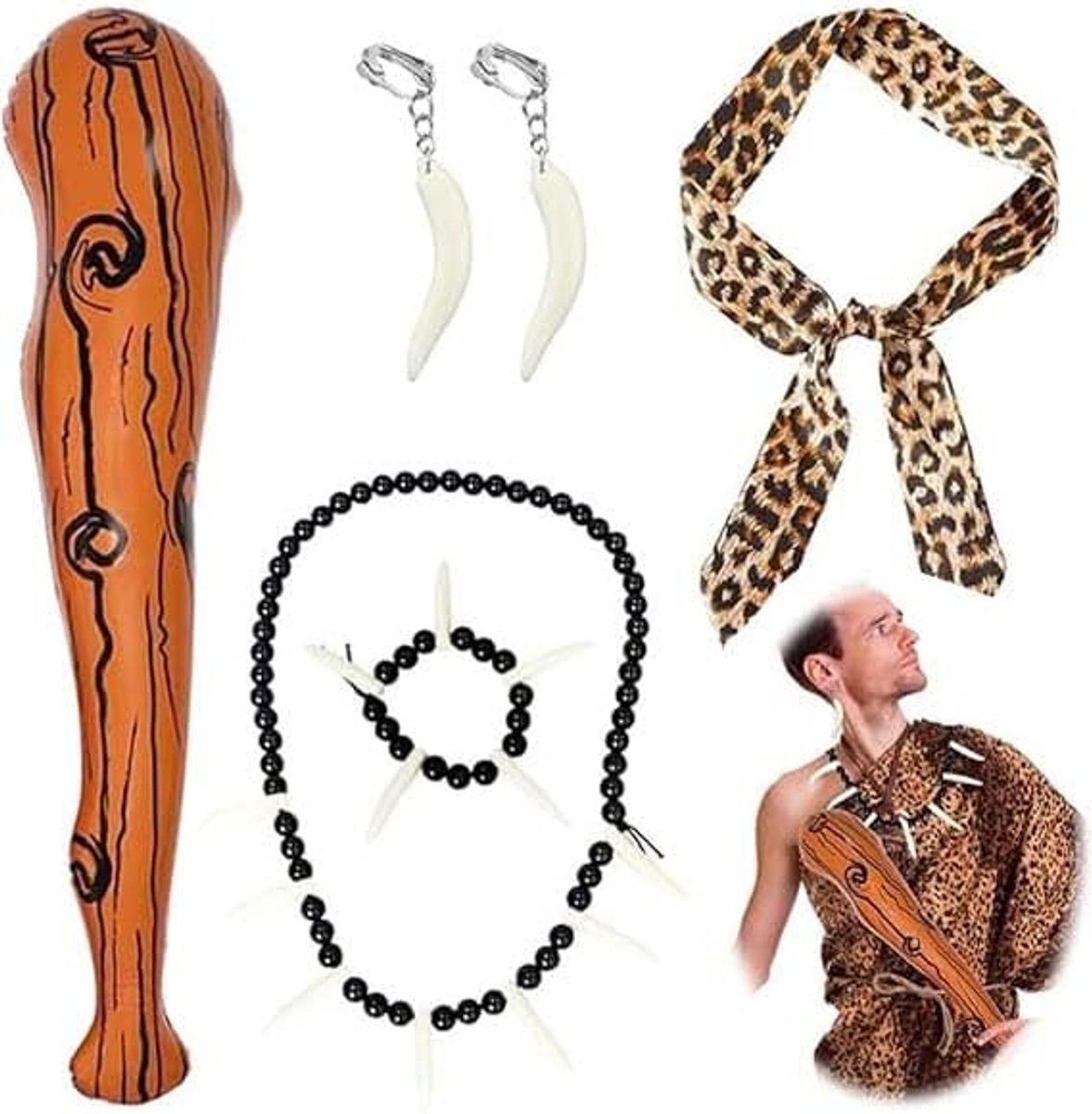 Kostuums met wilde accessoires opblaasbaar met ivoorkleurige luipaard-hoofdband, armband, halsketting, oorbellen, grotman stok