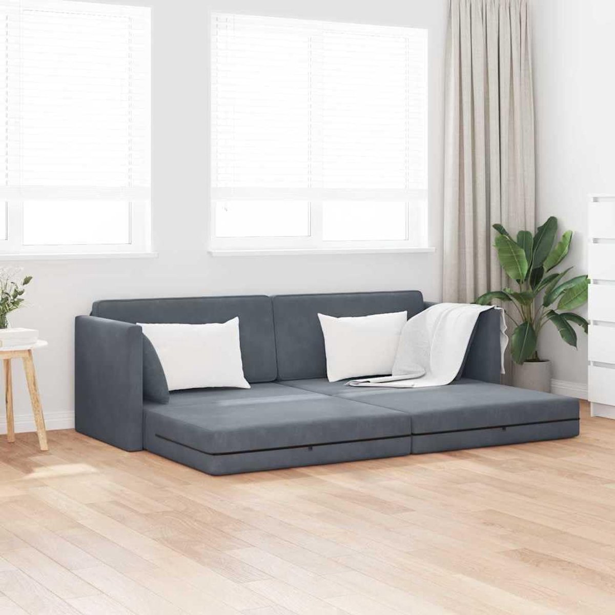 Bed, 200 cm, donkergrijs, fluweel, modern inklapbaar bankbed met verstelbare lengte en robuuste metalen houten constructie, voor woonkamer