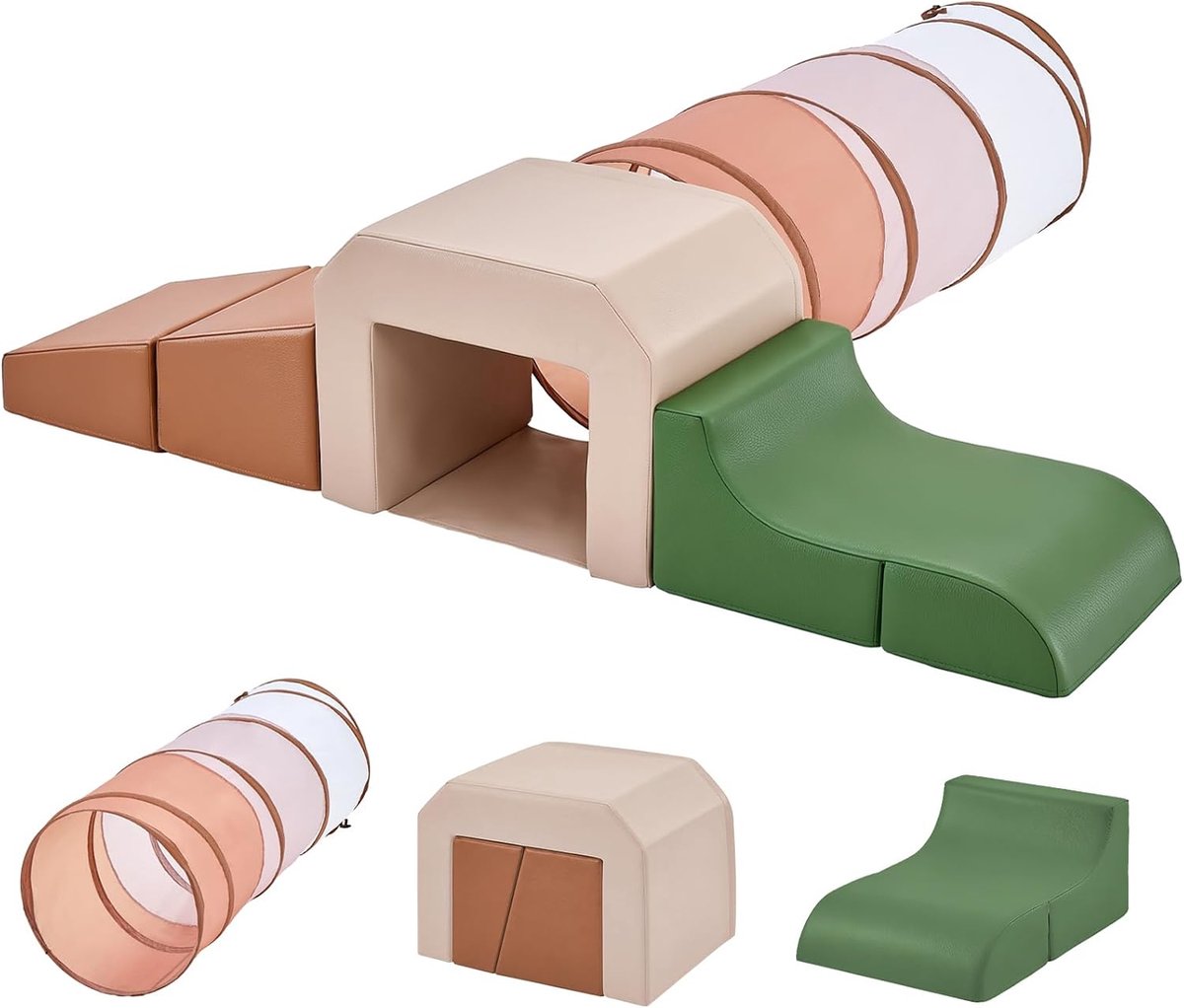 Baby Soft Play Set: 4-delige PU Leren Schuimblokken met Klimboog, Glijbanen & Opvouwbare Kruiptunnel - Zachte Speeltoestel voor Peuters Motorische Vaardigheden