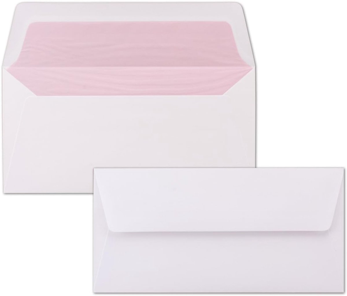 50 enveloppen wit - DIN lang - gevoerd met roze zijdepapier - 22 x 11 cm - natte lijm, rechte klep - ideaal voor uitnodigingen en groeten voor verjaardag en Kerstmis