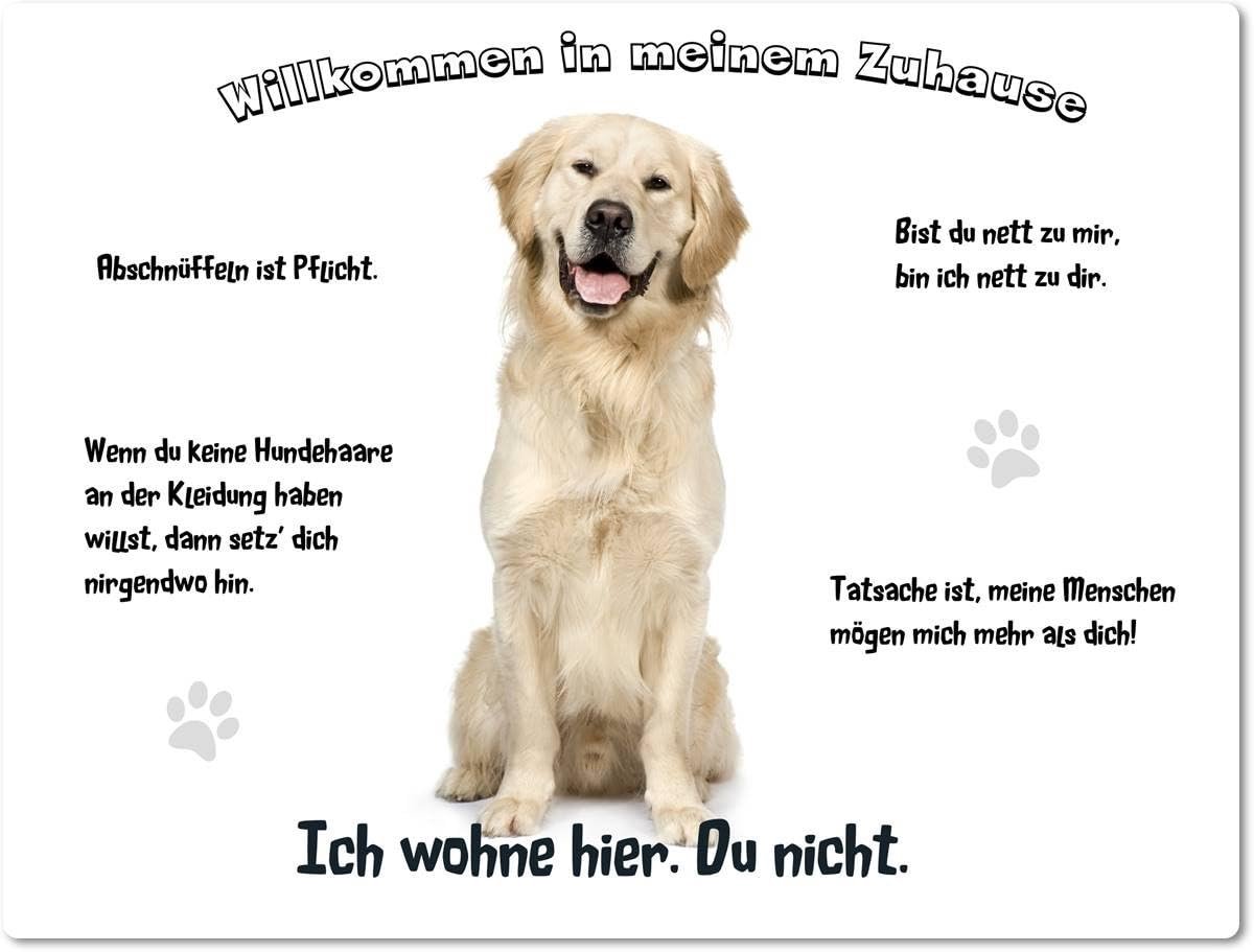 metalen bord / waarschuwingsbord / fun deurbord - Welkom in mijn huis - Thema: Gouden Retriever/Labrador zittend - 01