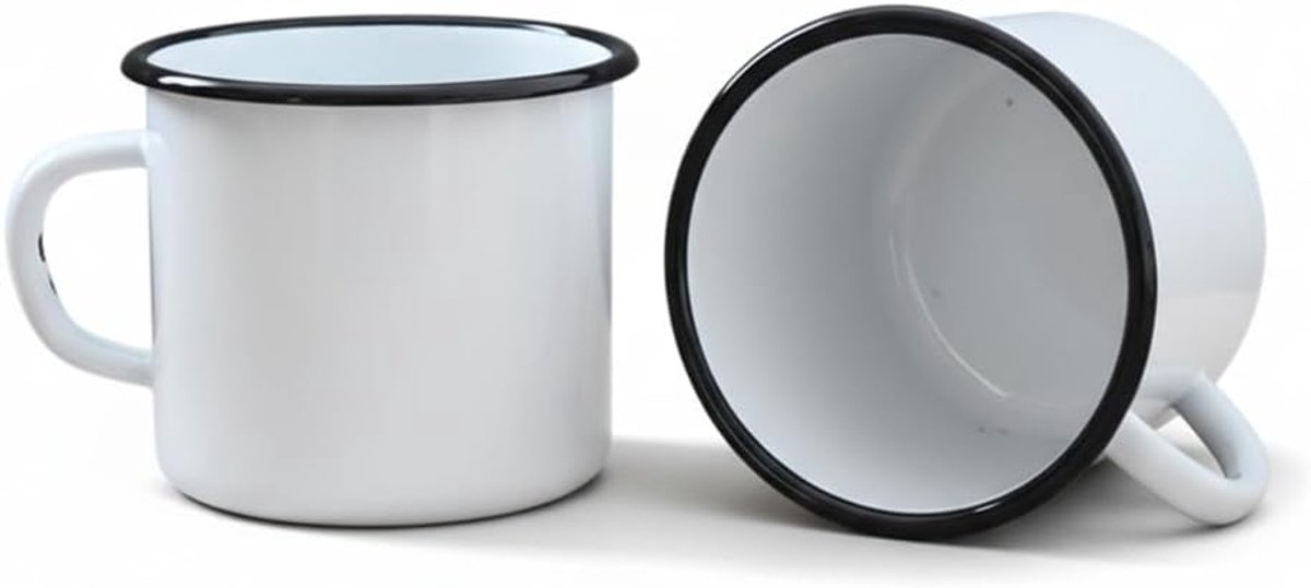 2 grote metalen geëmailleerde mokken - wit - 400 ml