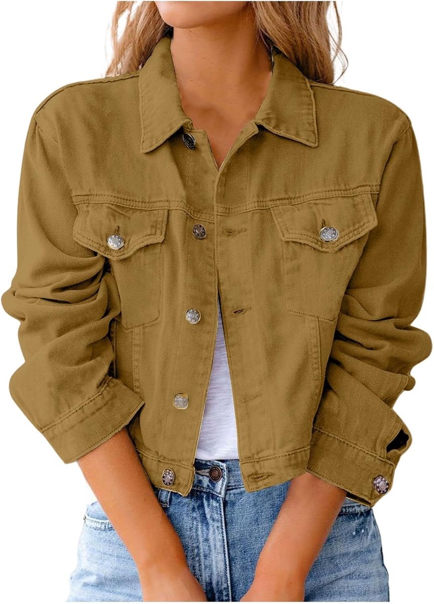 Dames revers met knopen, lange mouwen, zakken, denim, overhemd, jeansjas, tienermeisjes, jas (kaki, S)