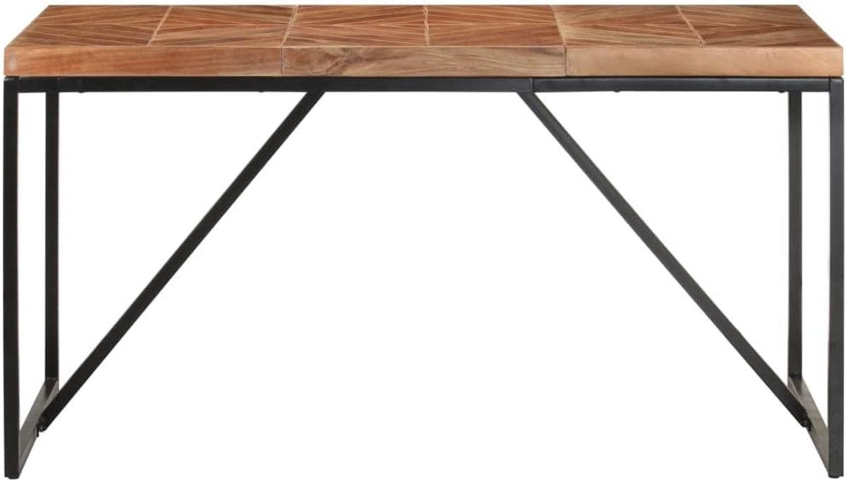 Acacia- en mangohout eettafel 140 x 70 x 76 cm met chevron-mozaïek-design, zwarte gepoedercoate stalen poten, handgemaakt voor keuken en eetkamer in industriële