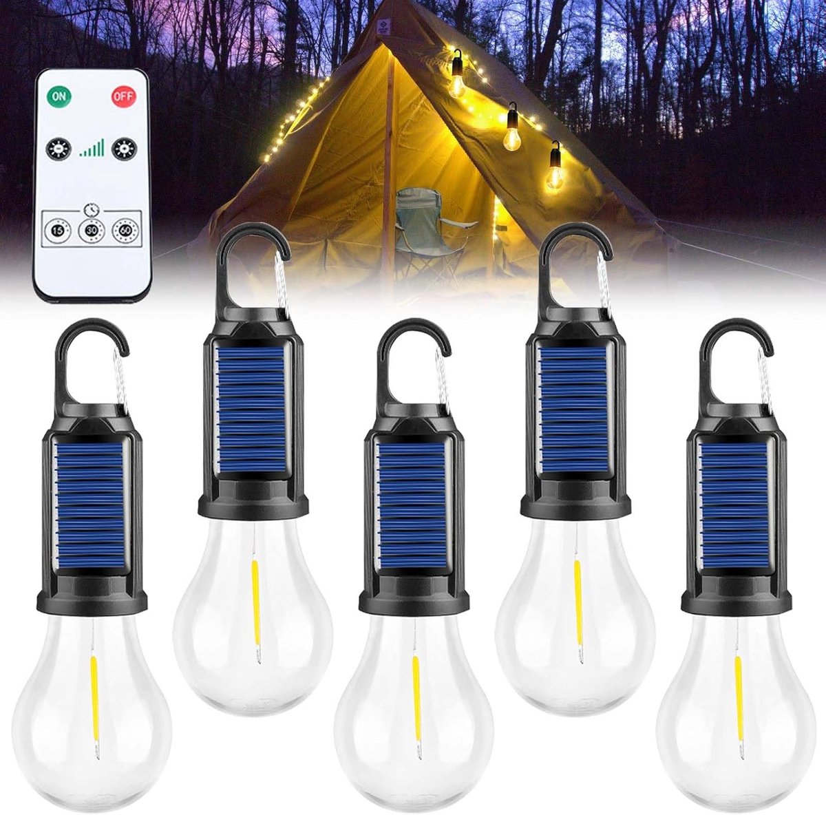oplaadbaar: 5 stuks led-campinglampen zonne-energie, campingverlichting oplaadbaar tentlamp, campinglantaarn met karabijnhaak, campinglicht, tentlamp, gloeilampenset, campinglampen