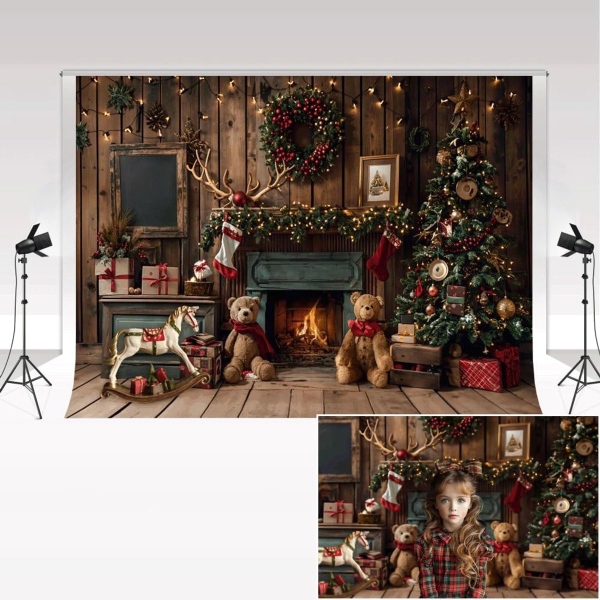 Fotografie achtergronden 2,2 x 1,5 m kersthaard bruin houten beer speelgoed kerstboom kinderen familie portret decoratie achtergrond fotostudio