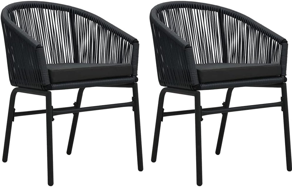 Set van 2 minimalistische tuinstoelen van PE-rotan, zwart, met zitkussens, waterdicht polyesterweefsel, gepoedercoat stalen frame