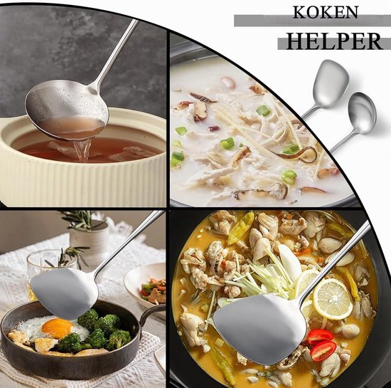Spatel Set 43cm, RVS Wok Gereedschap met Houten Handvat Hittebestendig, Metalen Spatel en Pollepel, Hoogwaardige Keuken Kookgerei Sets, Wok Accessoires — afbeelding 4