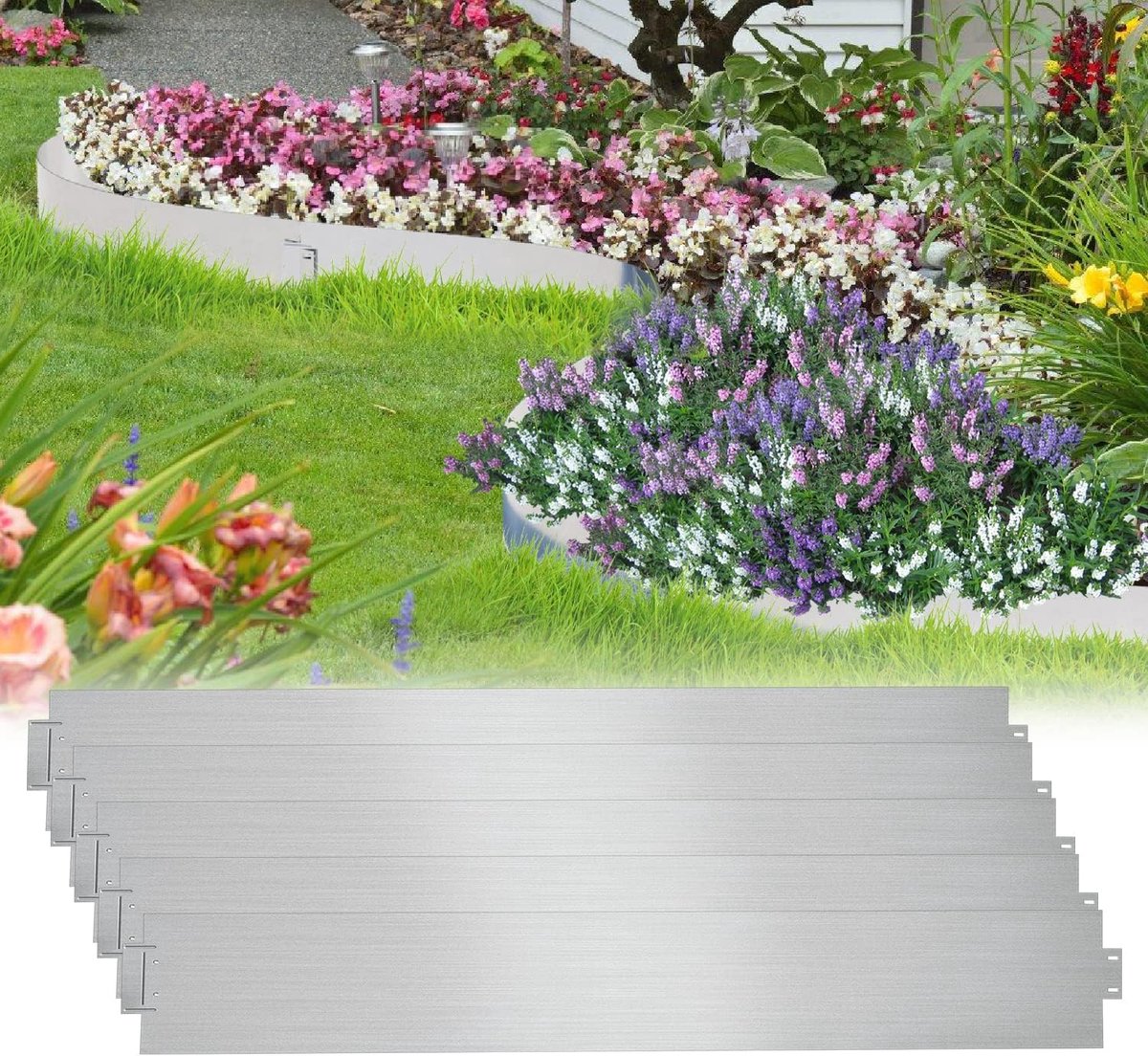 Metaal, bedomranding, gazonrand, gegalvaniseerd, bloembed, omranding, gazonrand, maairand, palissade vrij te buigen, zilver (lengte 20m - hoogte 18cm)