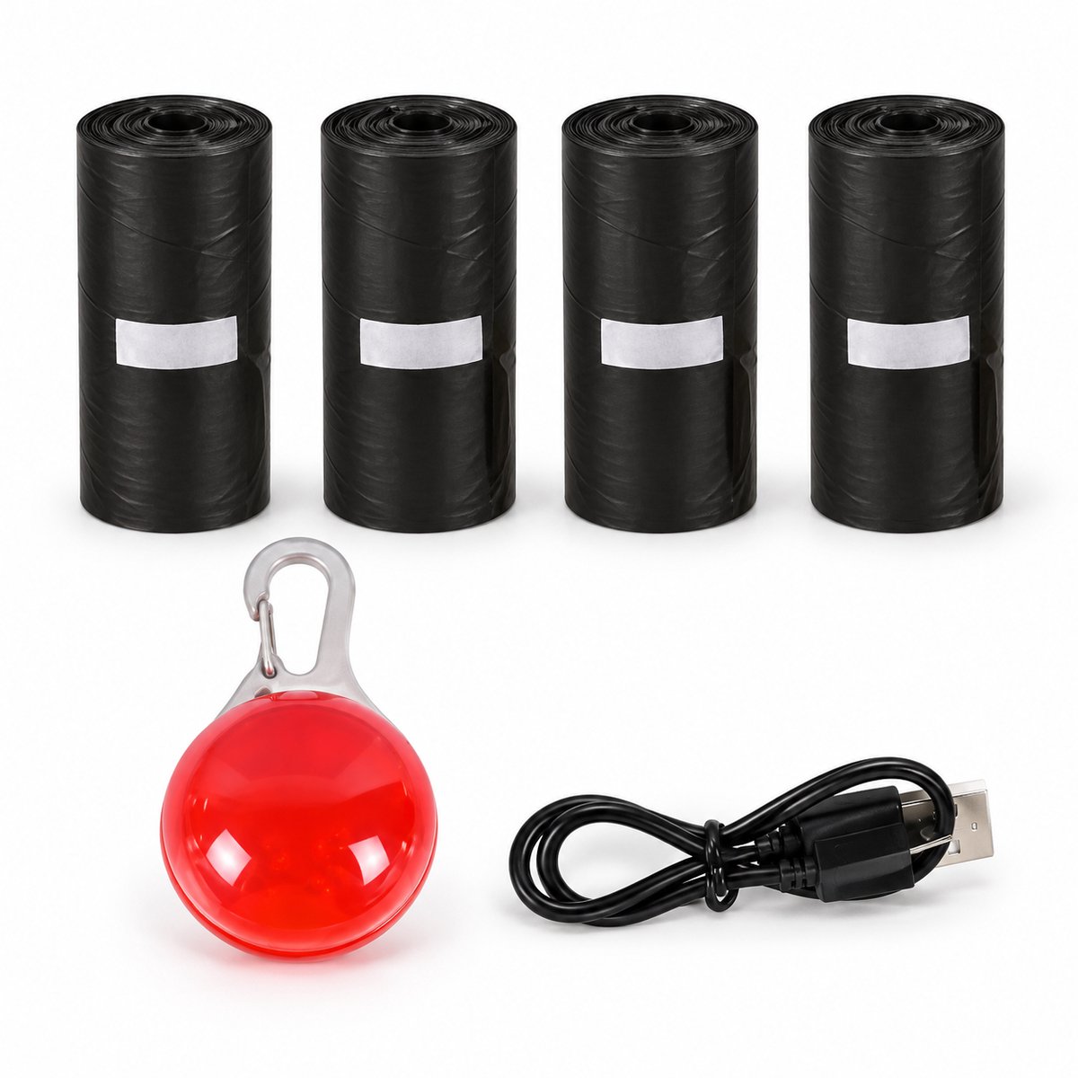 Professor Q Wandelset Hond - USB-Oplaadbaar LED-Lampje Rood met Snoer - 80 Poepzakjes op 4 Rollen