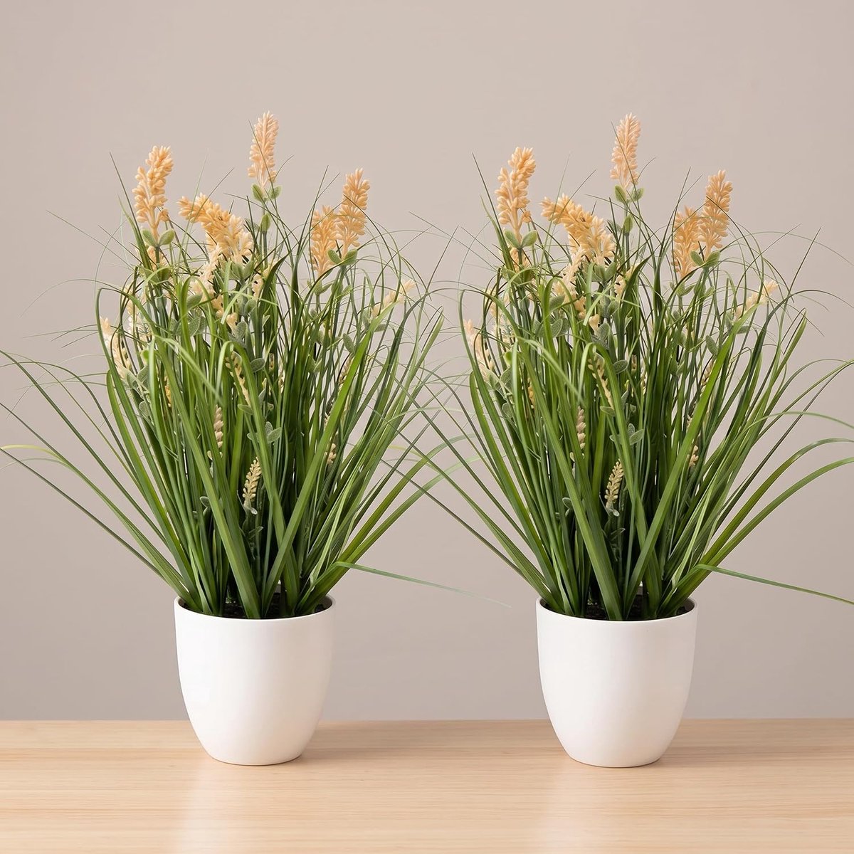 Set van 2 kunstlavendelplanten in witte kunststof pot (45 cm): hoogwaardige paarse lavendelset als echt, weerbestendig en uv-bestendig, onderhoudsvriendelijk kunstbloemen (wit)