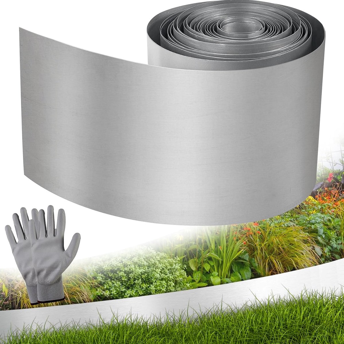 Zilverkleurige gazonrand, verzinkt, 10 m, 14 cm hoog, gazonrand, metaal, verzinkt, met 1 paar handschoenen, voor doe-het-zelf lawn, bloembedranden, gazonplaten, metaal, voor decoratie tuin