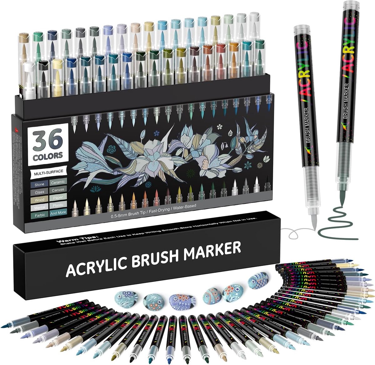 Verfstiften 36 stuks, verfmarkers voor rotsschilderen, steen, glas, keramiek, hout, metaal, stof, extra fijne punt van 1-5 mm, acrylmarkers op waterbasis voor volwassenen, Grijs - 36