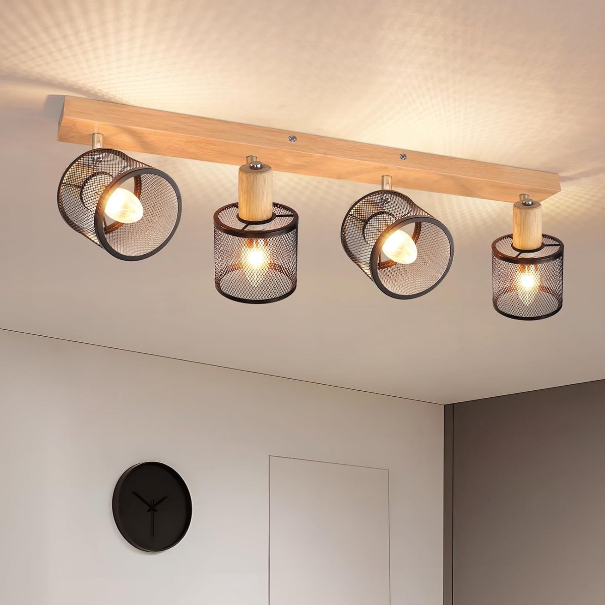 4-lichts plafondspot houten plafondlamp - vintage woonkamer