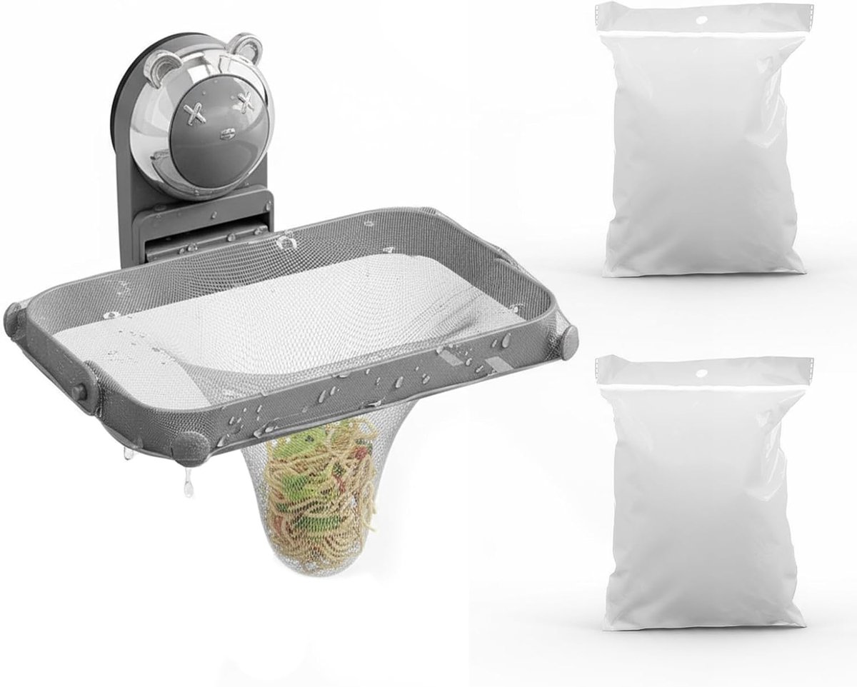 2-in-1 filter voor keukenafval met zuignap en 100 netvakken, inklapbaar, afdruipzeef voor gootsteen ter voorkoming van ophoping (grijs)