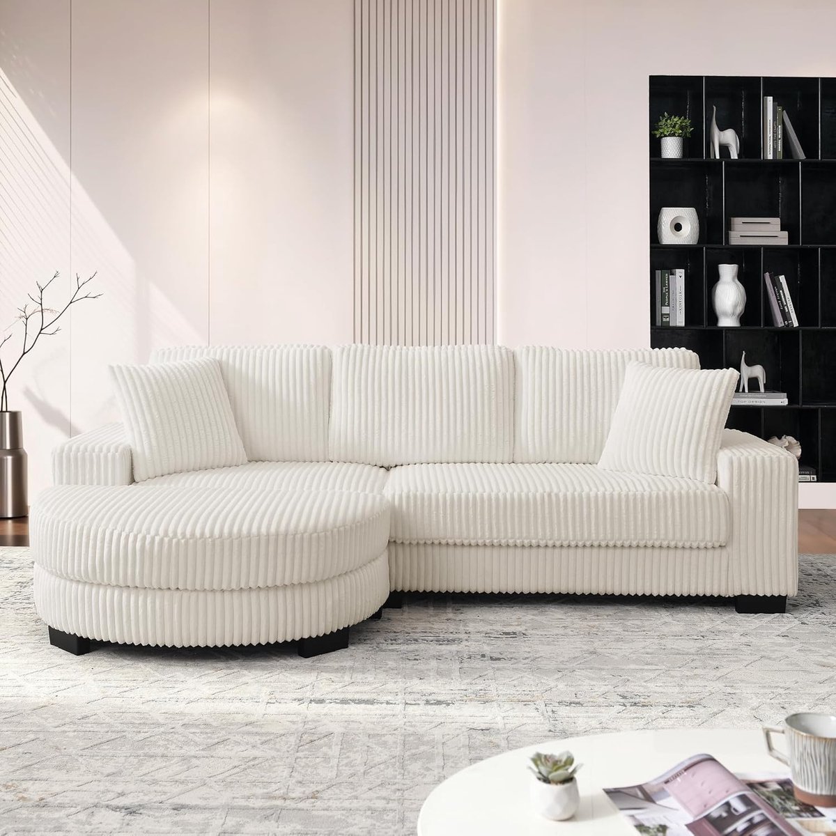 Hoekbank, 4-zits, modulaire corduroy bank met kruk, comfortabele woonkamerbank met 2 kussens, ruimtebesparend woonlandschap voor woonkamer en appartementen, 256 x 134 cm (beige-2