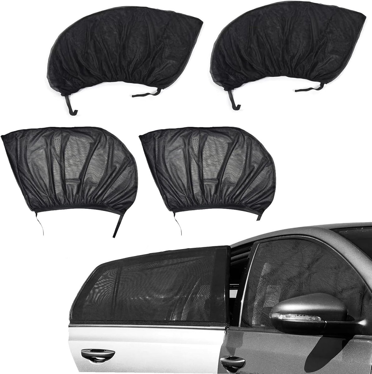 verpakking van 4 stuks, elastische gaasdoek voor voor- en achterruiten, ademend nylon, uv-bescherming, eenvoudige installatie, past op de meeste voertuigen, zwart