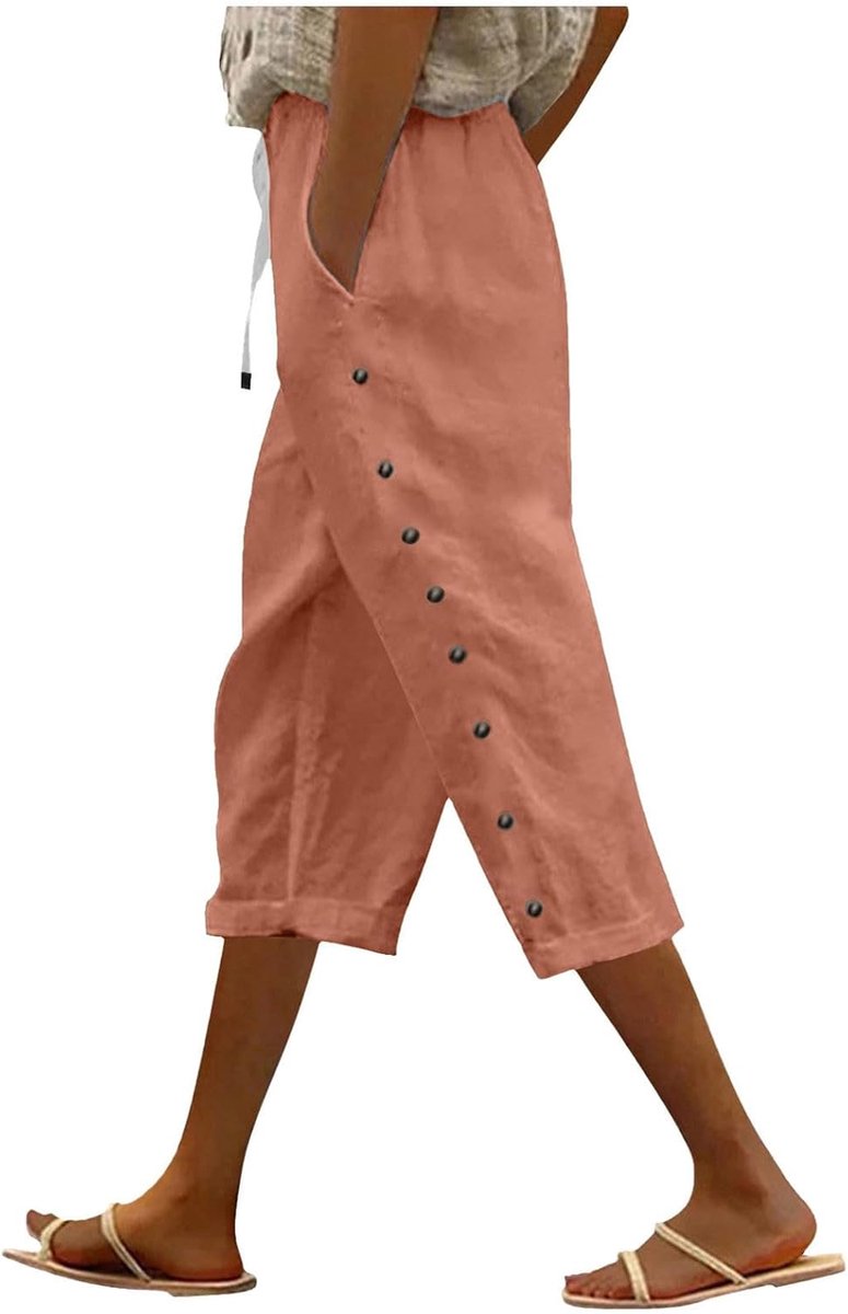 Zomerbroek voor dames, effen, elastische tailleband, los, knopen aan de zijkant, decoratie, capri, veelzijdig, casual