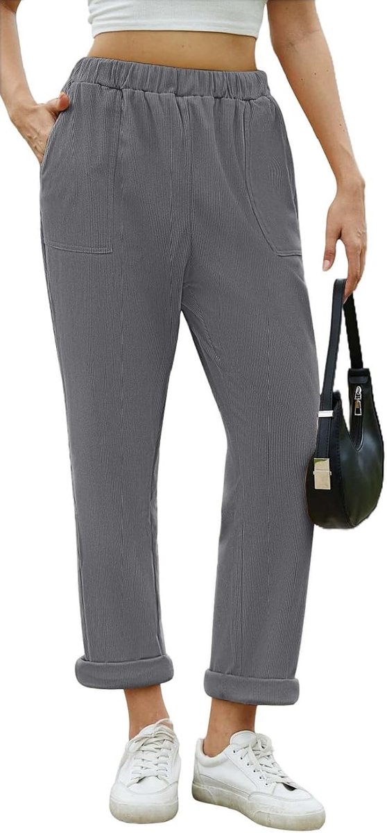 Corduroy broek voor dames, hoge corduroy broek, elastische tailleband, winterbroek, casual, vintage, wijde broek, effen, elegant, recht, comfortabel, lang met zakken