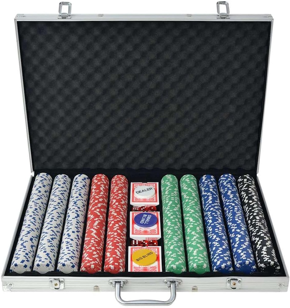 Pokerkoffer, 1000 chips, set met 11,5 g chips, dealer buttons, 6 casino dobbelstenen, 3 kaartdecks, aluminium koffer