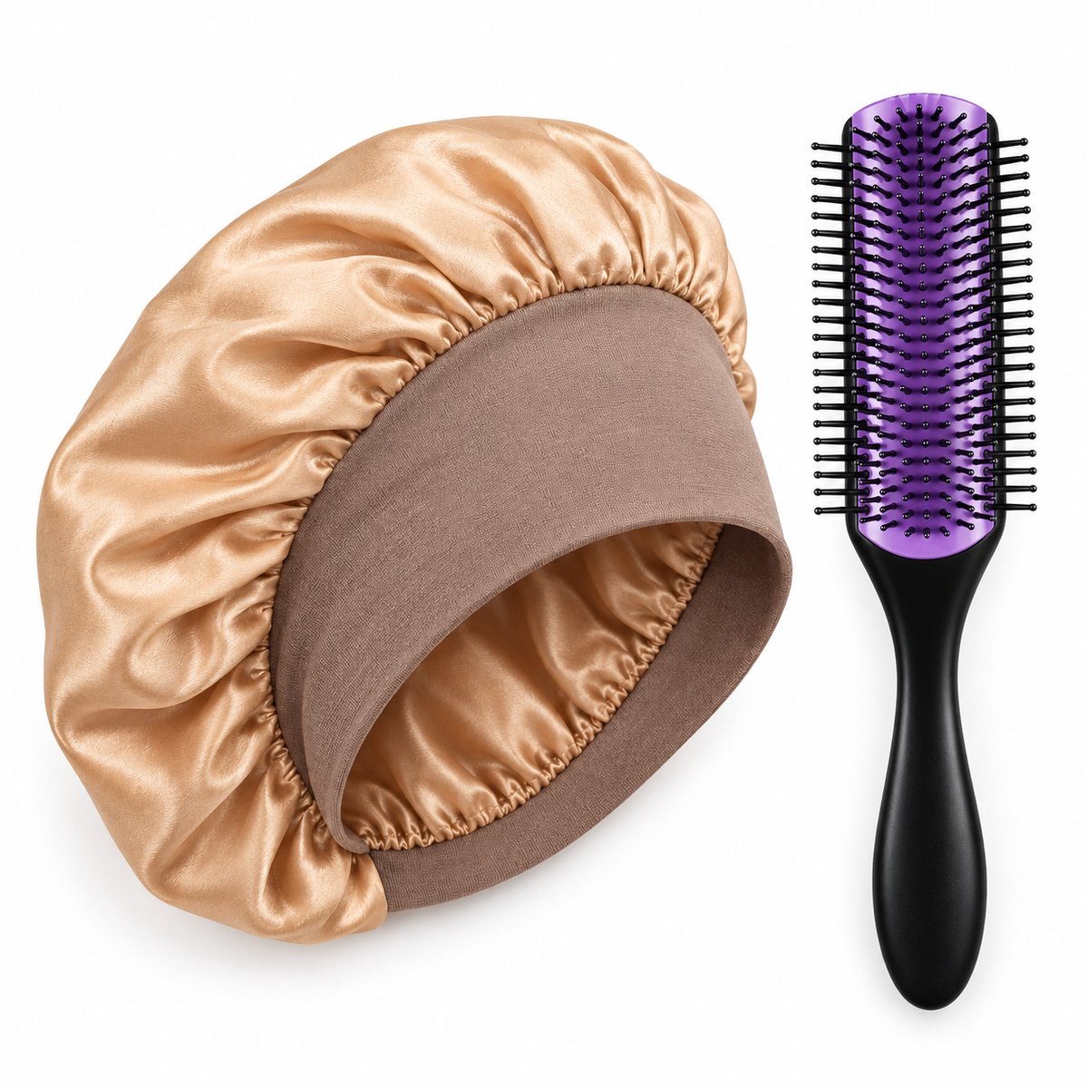 Professor Q Haarverzorgingsset - Satijnen Bonnet Goud - Stylingborstel Purple Black - 9 Rijen