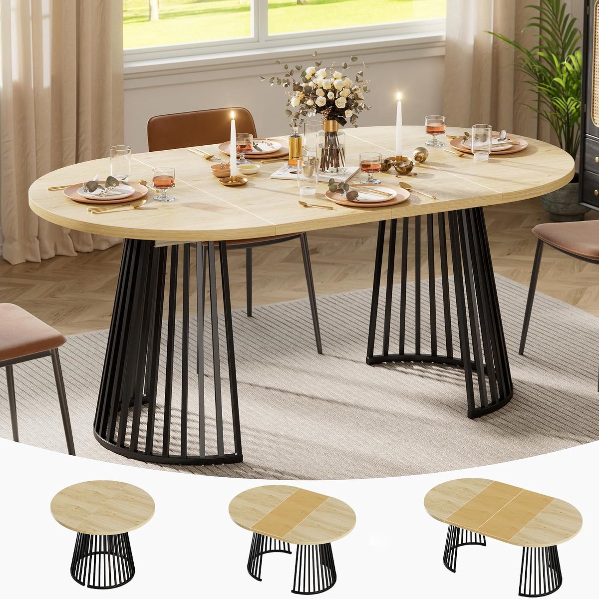 Eettafel, ovaal, uittrekbaar, rond, van hout, voor 4-8 personen, uittrekbaar, voor woonkamer en eetkamer, vergaderruimte, 100-180 x 100 x 75 cm, in 2 pakketten
