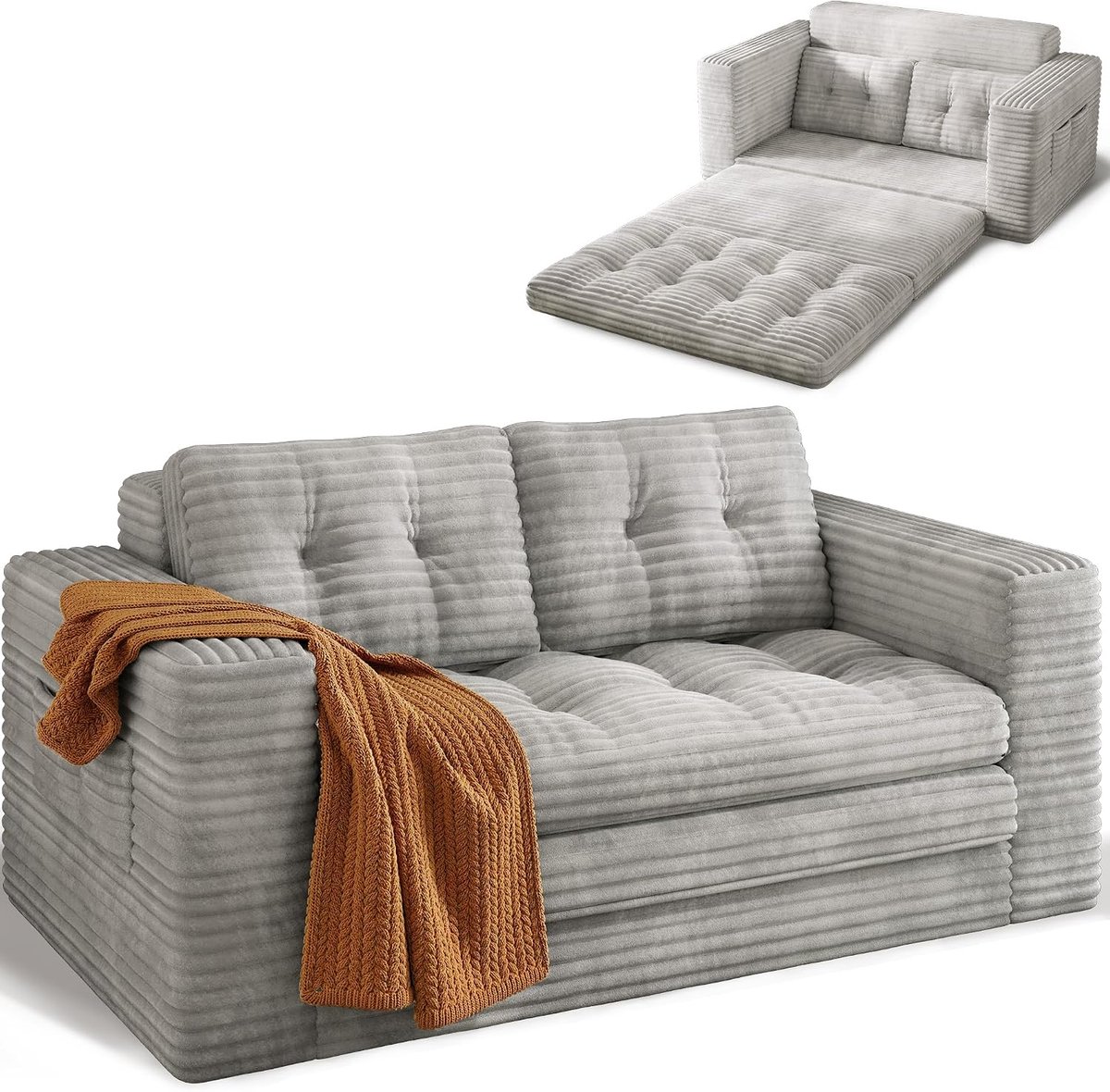 Slaapbank, klein, 2-zits, 2-in-1 bank, inklapbaar, vloerbank als slaapstoel, uitklapbaar, vouwbank, bed van corduroy met kussen en zakken, voor kleine ruimtes, 150 × 86 × 75 cm, lichtgrijs