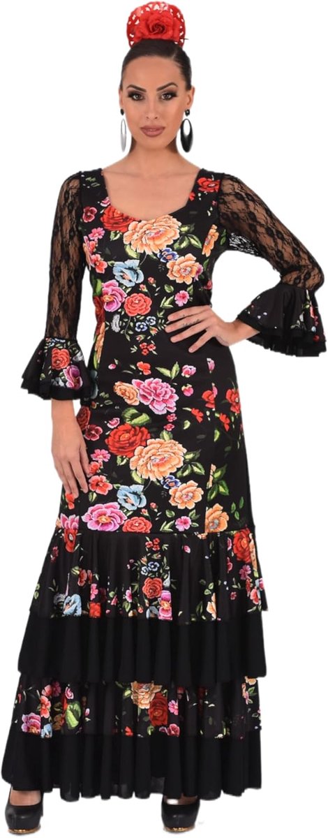 Flamenco-jurk voor dames met ruches, beurs- of Sevillana-kostuum met kanten mouwen en bloemenprint
