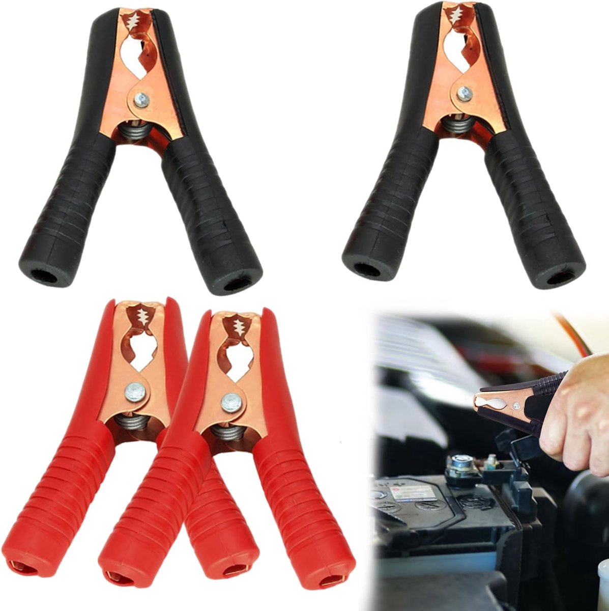 12 V, krokodillenpincet, 100 A, accuklemmen van puur koper met isolatiecoating, startkabels voor autoaccu, rood, zwart, 4 stuks
