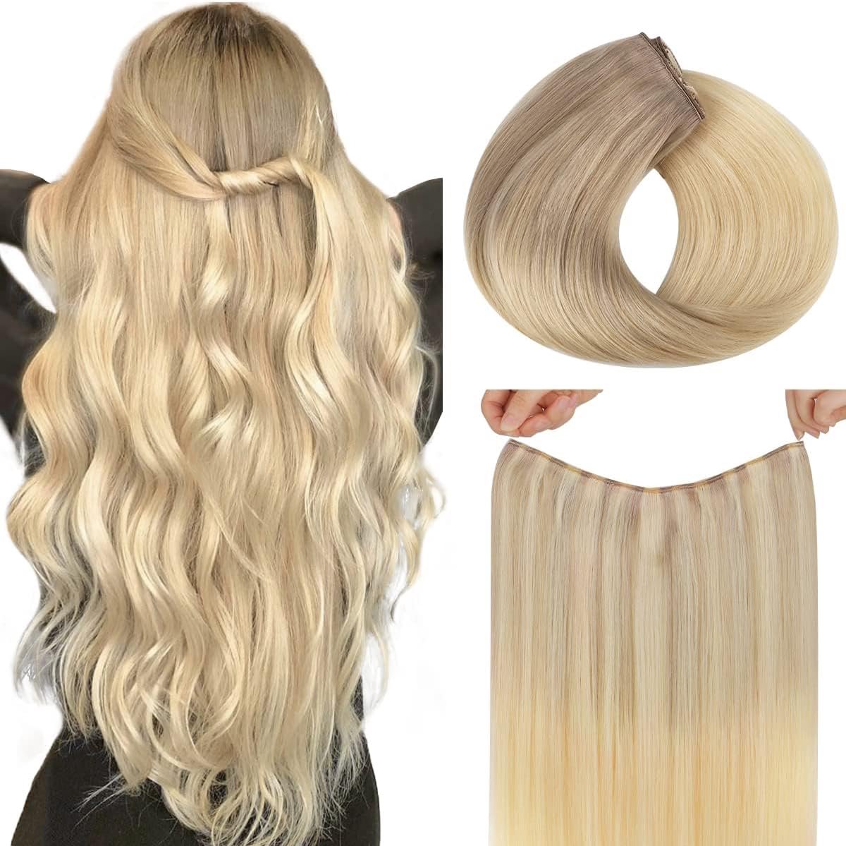Haarextensies, Asblond tot Goudblond en Platinablond Onzichtbare Vislijn Echt Mensenhaar Extensions Steil 16 inch 95g