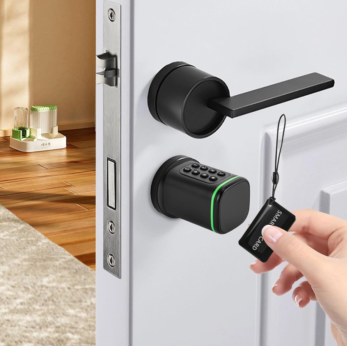 Deurslot, 4 ontgrendelingsopties (handmatige sleutel, smart keycard, wachtwoord en mobiele app), smart slot voor deurdikte van 3,5 - 4,5 cm en Europese standaard slotgat