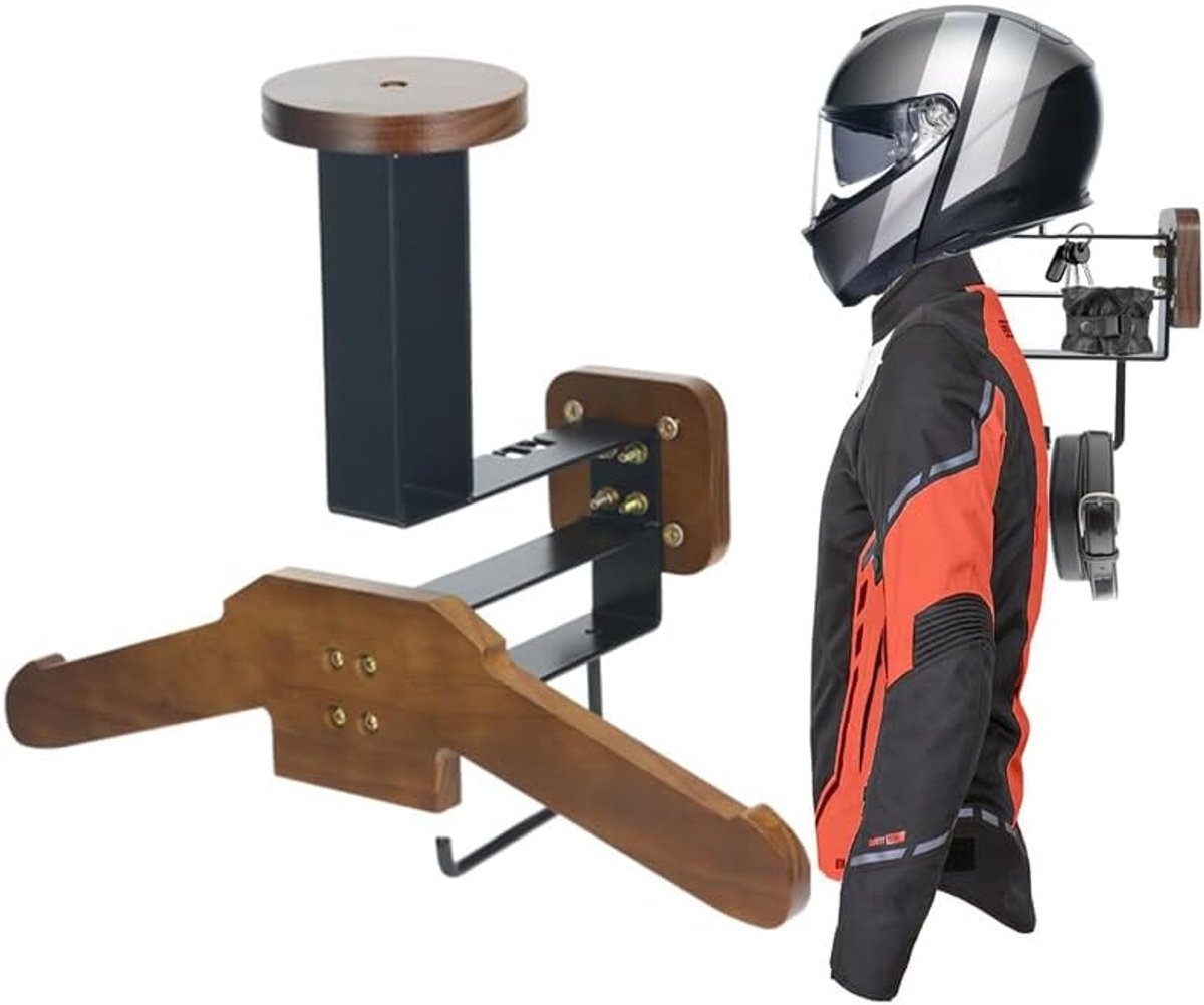 Wandhouder voor Motorhelm van Roestvrij Staal en Hout, Universele Helmhouder voor Helm, Jas en Tactische Uitrusting – Bruin
