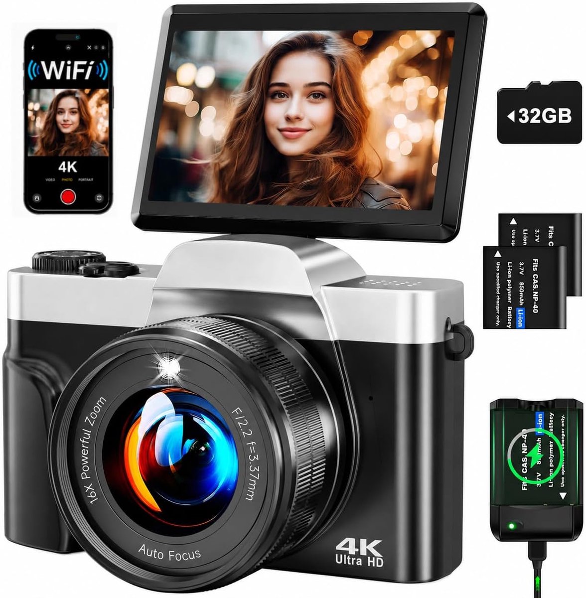 Camera, 4K, 64 MP, wifi, vloggingcamera met autofocus en webcam, 7,6 cm (3 inch) display, 180 graden inklapbaar, 16-voudige digitale zoom, stabilisatie, 32 GB SD-kaart, laadstation en 2