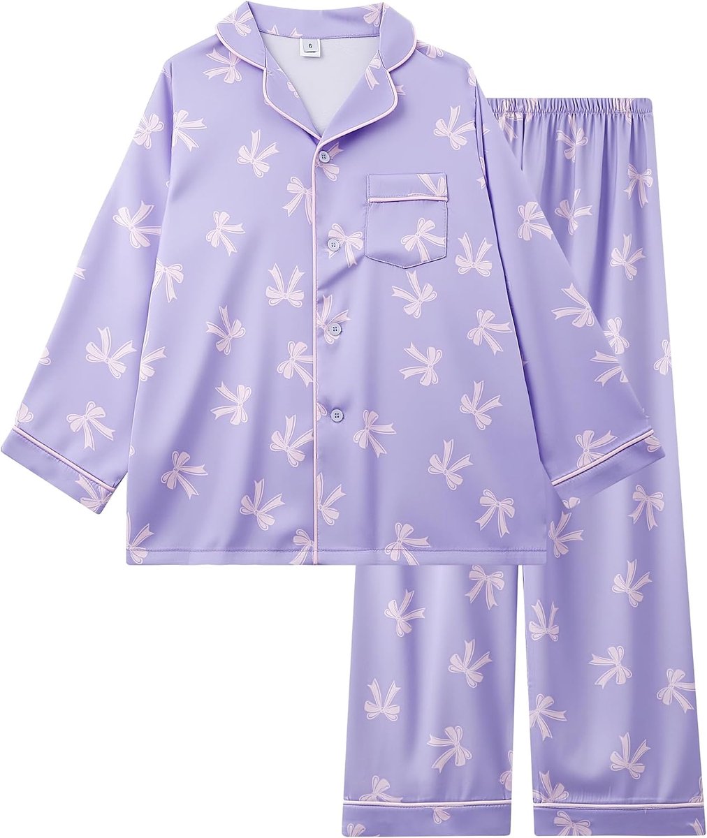 Pyjama voor meisjes, imitatie zijde, lange mouwen, nachtkleding, satijn, tweedelige pyjamaset