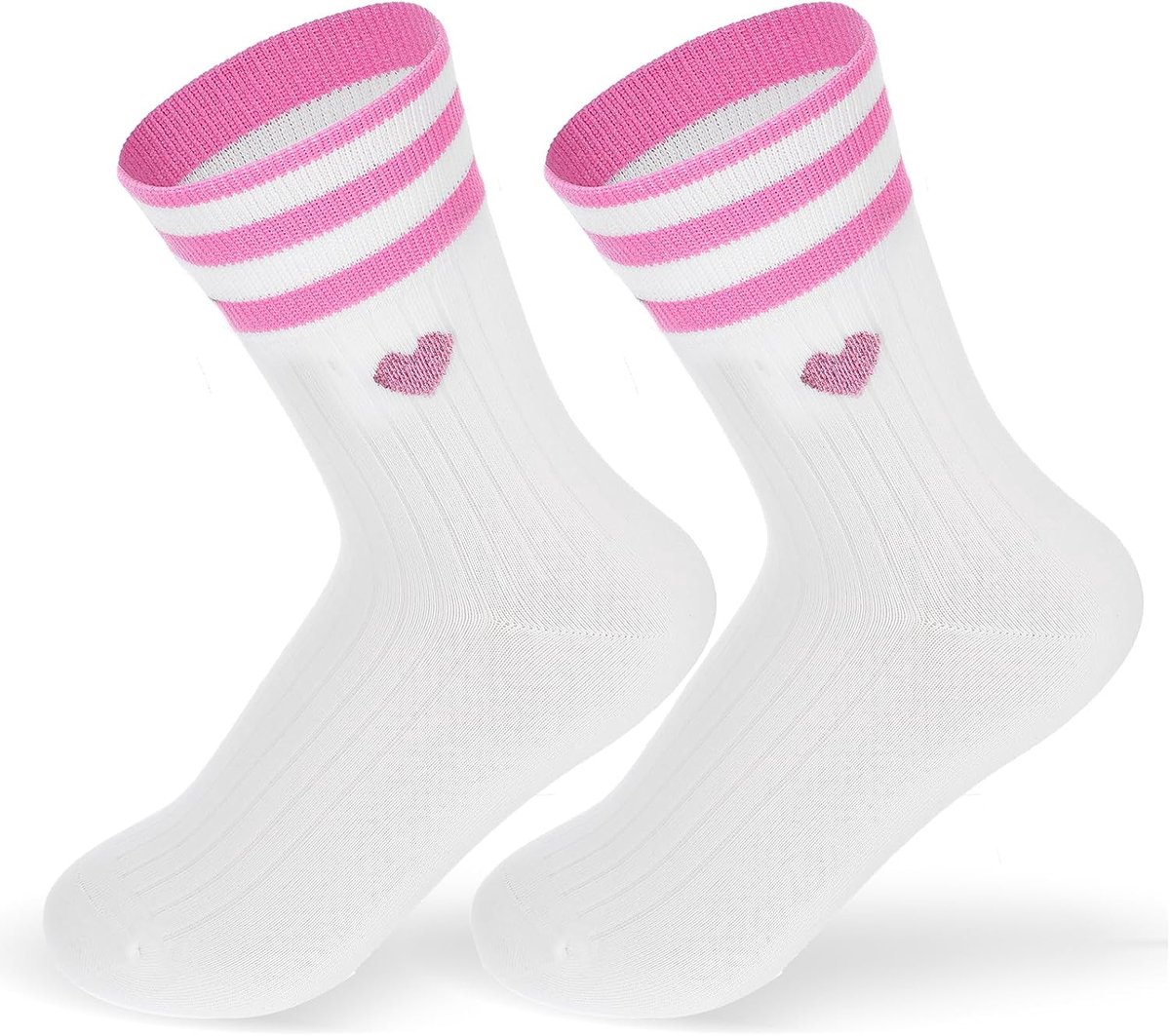 1 paar witte sokken dames 36-43, katoenen witte retro tennissokken met hartjes, ademende katoenen sokken meisjes, tieners (Roze)