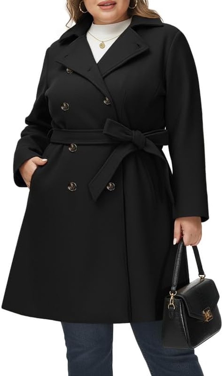Nikole Wollen damesmantel grote maten dubbele rij wintermantel met zakken riem lange mouwen middellange trenchcoat