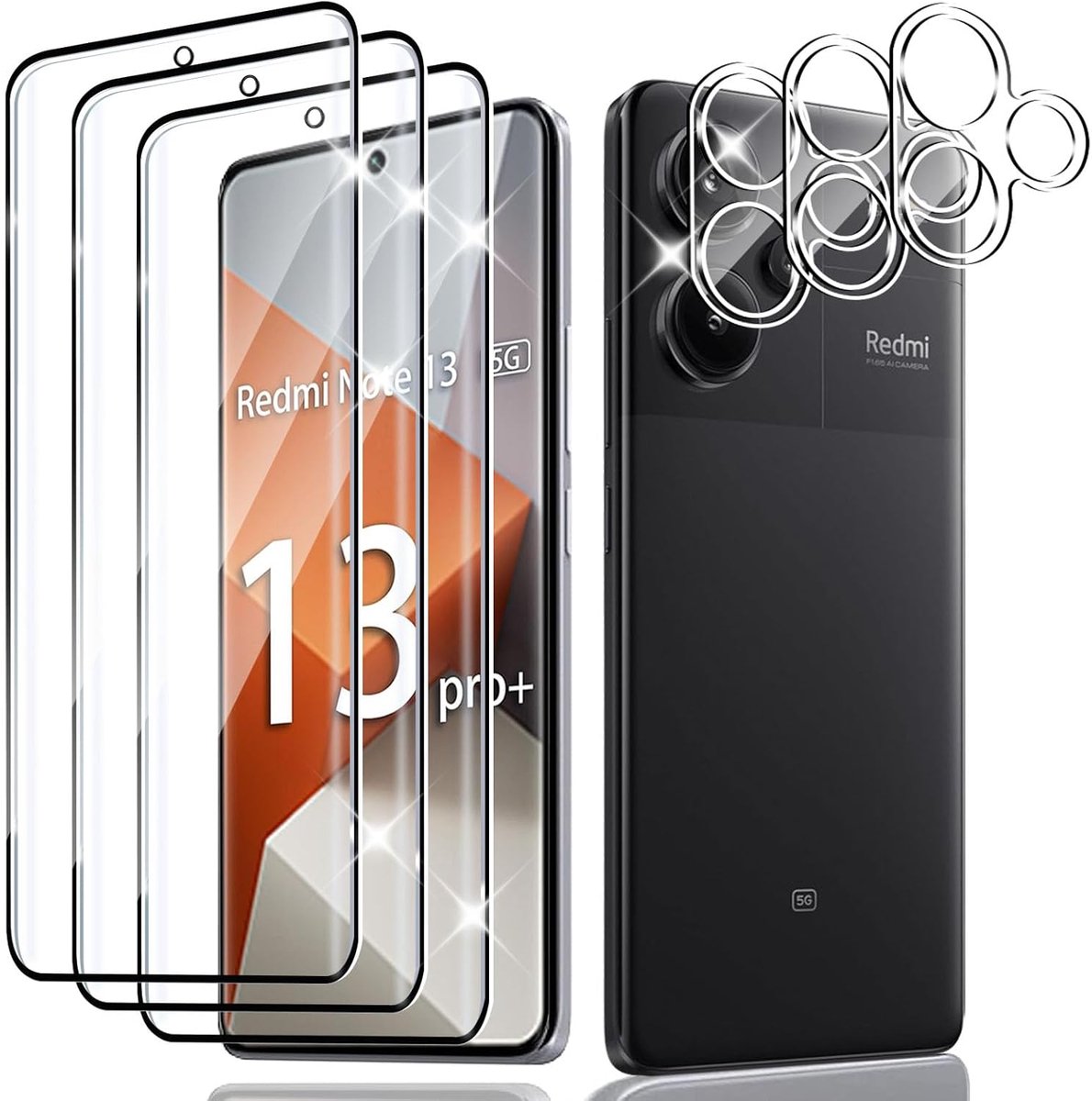 Screen Protector voor Xiaomi Note 13 Pro Plus 5G, 3 stuks pantserbescherming glasfolie met 3 stuks camerabescherming, Beschermglas Anti-kras, Gerhard Glas 9H