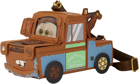Bruine cross-body tas in de vorm van de auto Mater, met blauwe spatborden en 'Tow Mater Radiator Springs' logo