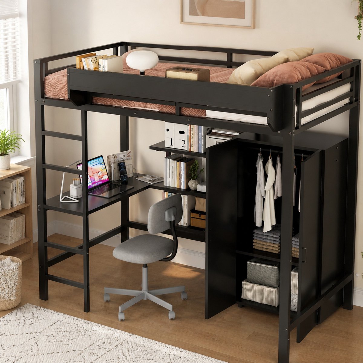 WUVRIE Hoogslaper 90x200 cm met bureau, kledingkast, opbergvakken en 5-treeds ladder, zwart