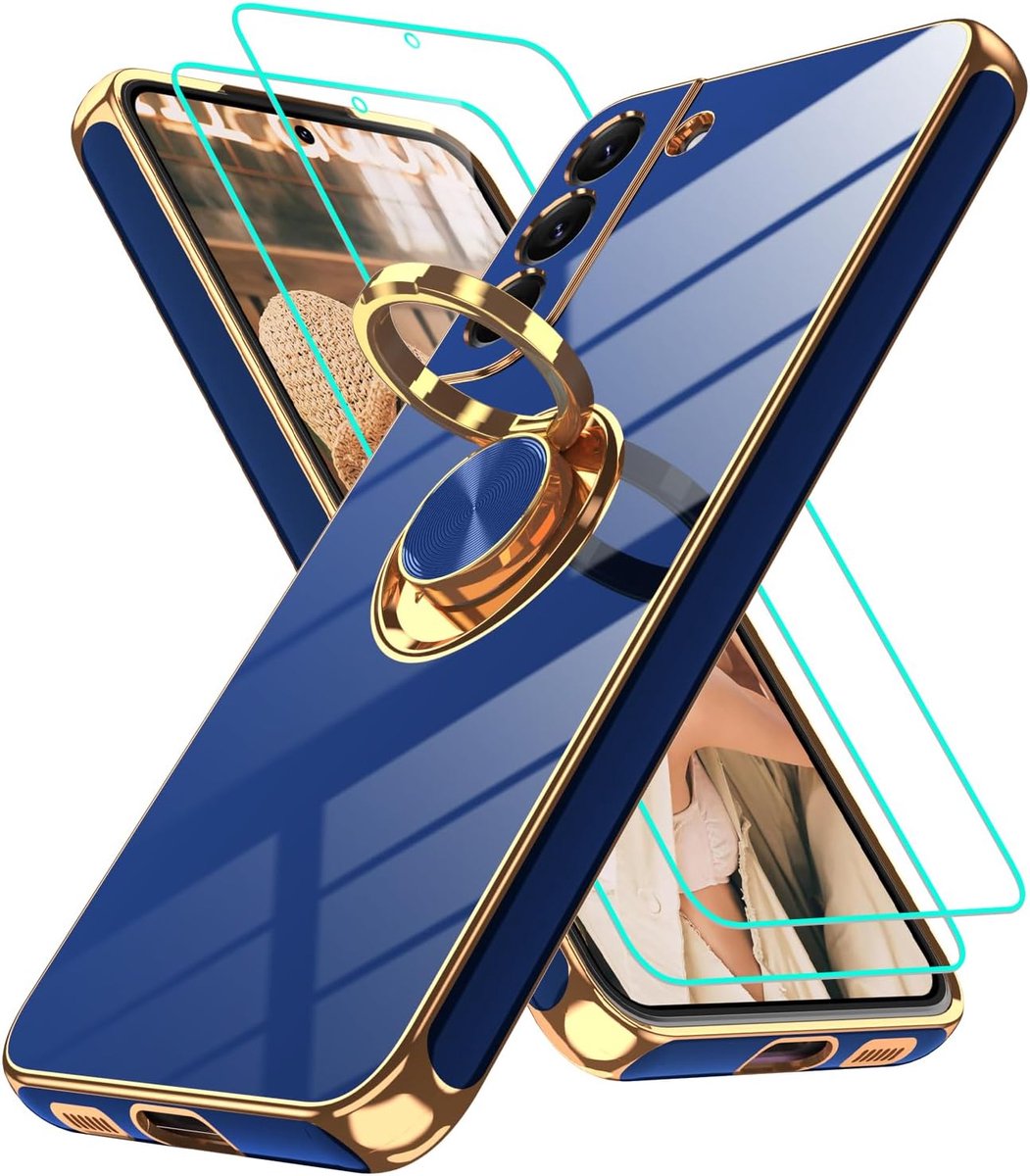Slim Fit hoesje voor Samsung Galaxy S22 (6,1 inch), schokbestendige zachte hoes met 2 stuks HD-schermbescherming en ingebouwde ringstandaard, marineblauw, S22